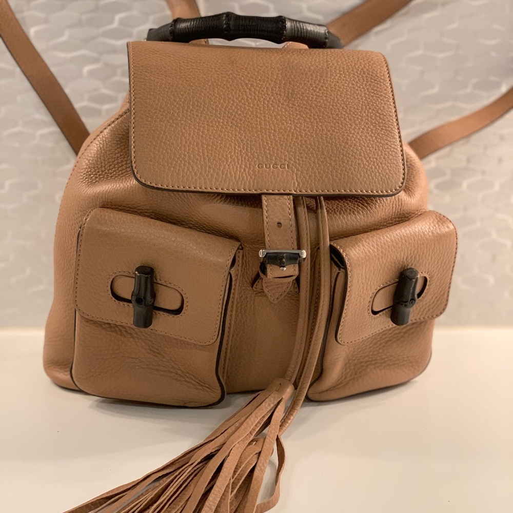 Gucci Brown Pebbled Leather Bamboo Backpack